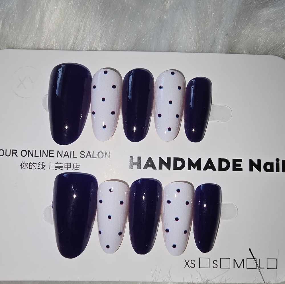 Dark Blue and White Polka Dot Handmade Press-On Nails